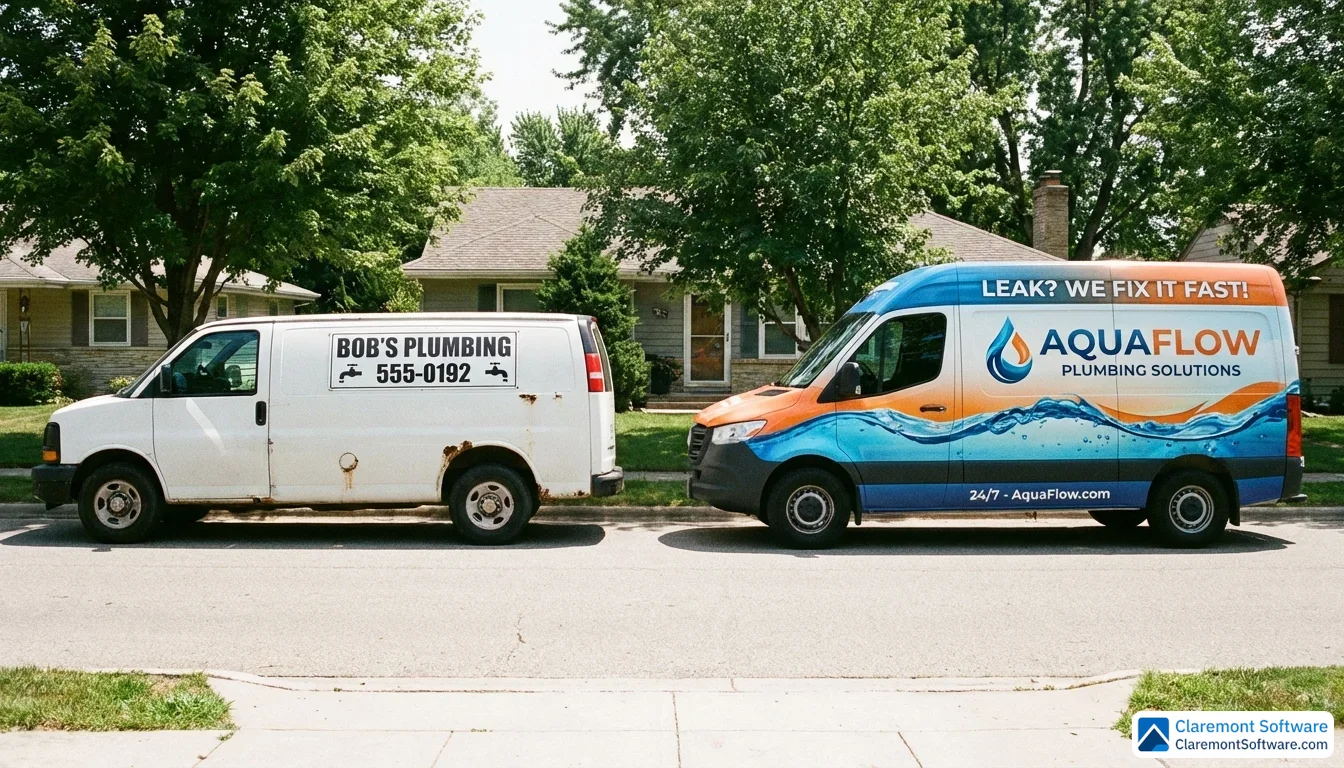 Two plumbing vans parked side by side on a suburban street in midday light, one older and plain white with a simple magnetic sign, the other newer and eye-catching with a bold, professionally designed full vehicle wrap and logo, visually highlighting the stark contrast between basic and polished branding.