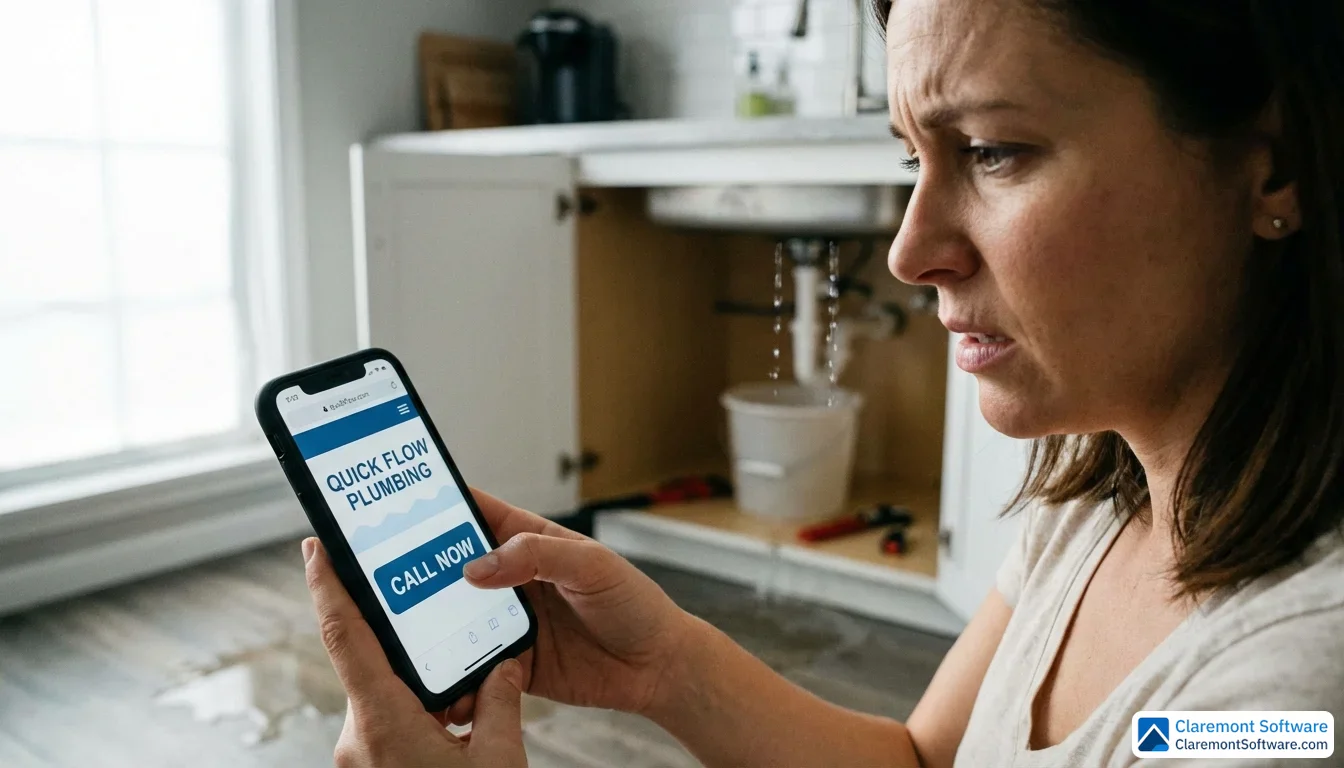 A homeowner stands in a kitchen holding a smartphone displaying a plumbing company's website, their thumb poised over a prominent call button, while a leaking pipe under the sink blurs softly in the background, conveying urgency. Warm natural light streams in from a side window, highlighting the moment of decision between a customer and a service business.