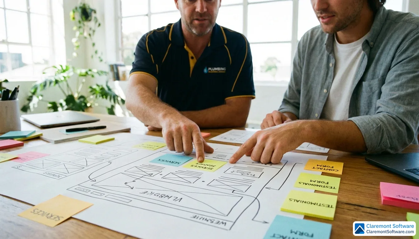 A plumbing business owner and a web designer collaborate at a table covered with hand-drawn website layout sketches and colorful sticky notes, pointing at specific sections of the diagram in a bright, airy office setting.