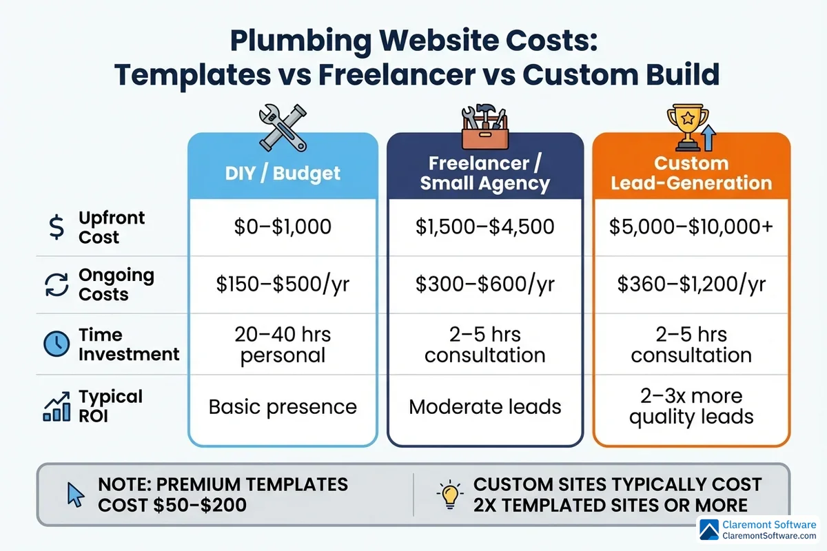 A three-tier comparison chart breaking down the true costs of plumbing websites across template, freelancer, and custom build options, comparing each on upfront costs, ongoing costs, time investment, and typical ROI to help plumbers choose the best website investment for their budget.