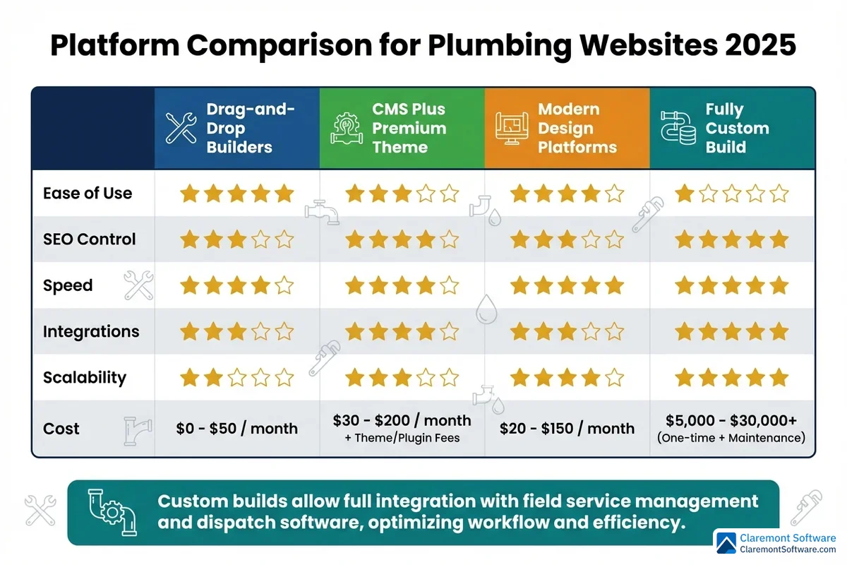 Alt text: Comparison infographic evaluating popular website builders versus custom development for plumbing businesses, rating each option across key criteria such as cost, ease of use, customization, SEO capabilities, and scalability to help plumbers choose the best platform for their needs.