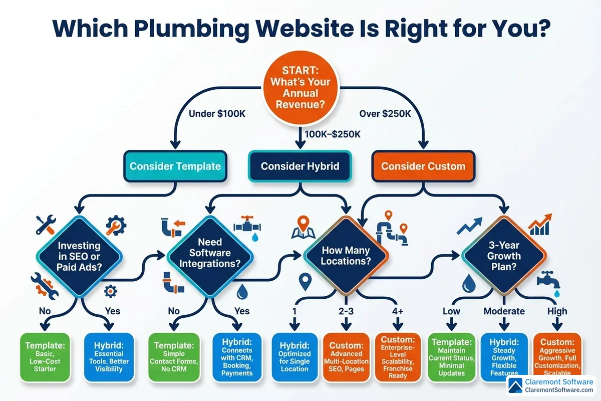 A decision tree flowchart guiding plumbing business owners through a series of questions about their business stage, budget, and needs to determine whether a template, hybrid, or custom website is the best fit for their company. Branching paths lead from initial questions to three distinct recommendations based on the owner's responses.