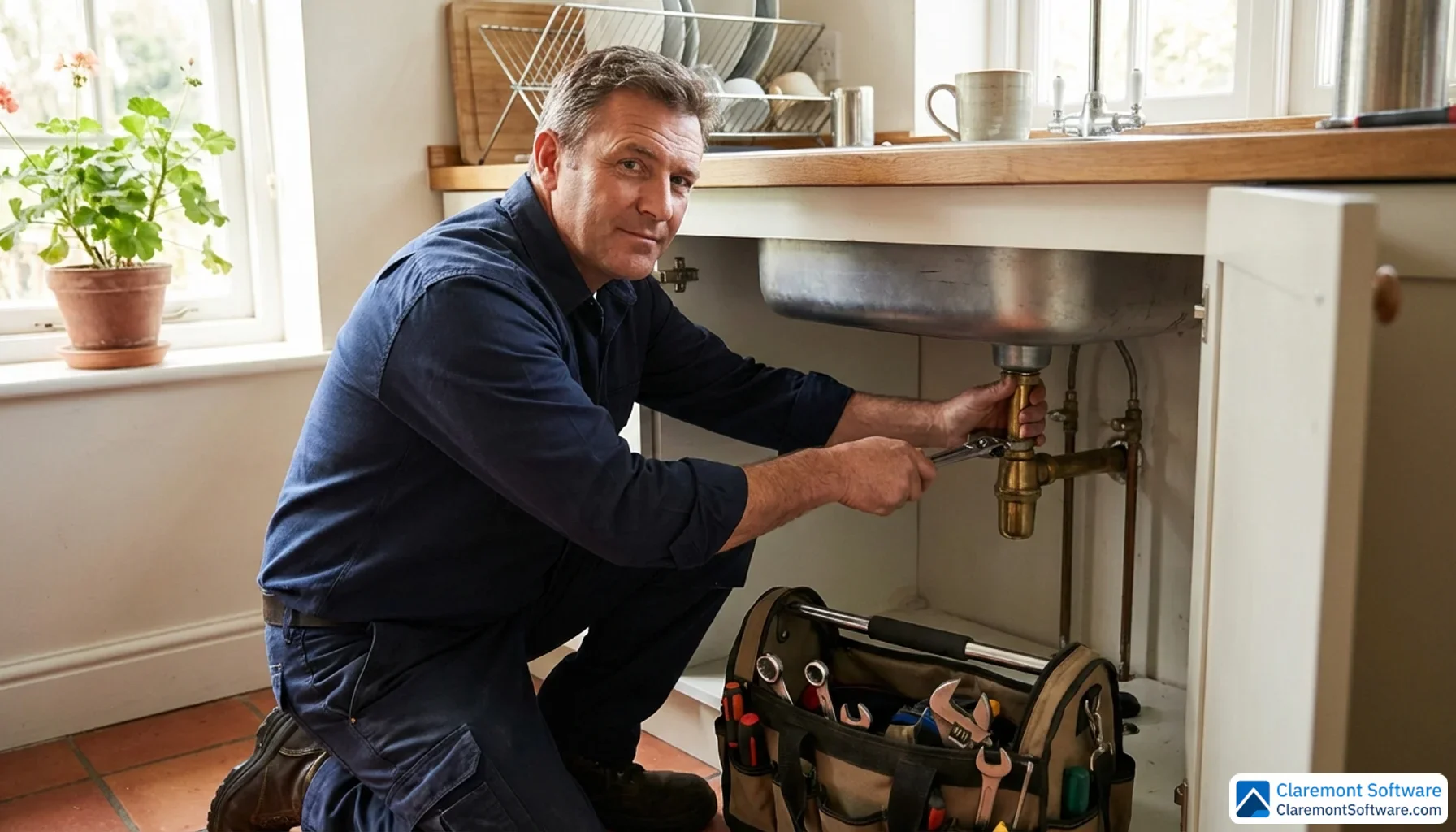A confident plumber in a clean work shirt crouches beneath a kitchen sink, adjusting a pipe fitting with a tool bag open on the tile floor beside him. Natural window light illuminates the realistic, lived-in kitchen setting, with the low camera angle conveying a sense of skill and trustworthiness.