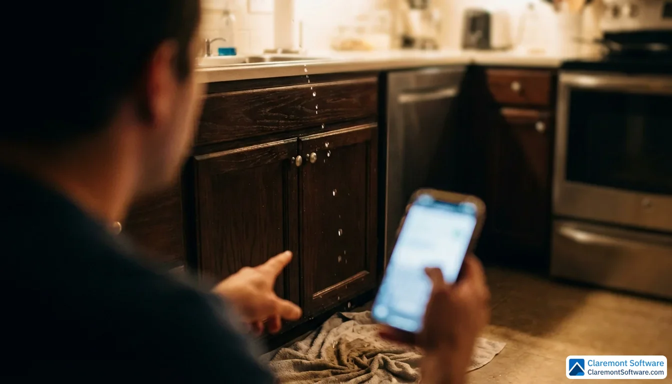 A homeowner holds a glowing smartphone near a kitchen sink, with water visibly dripping from the cabinet below and a wet towel on the floor, conveying the urgency of searching for emergency plumbing help.