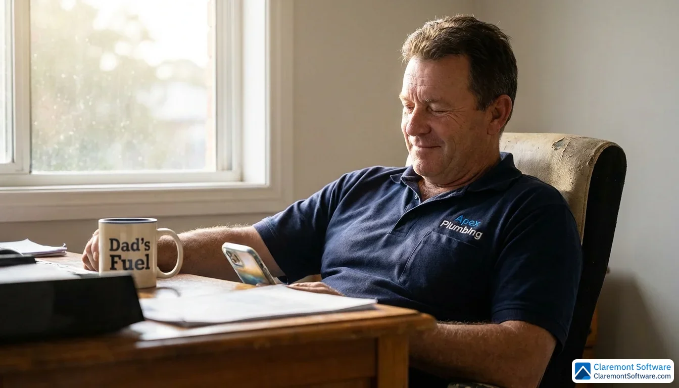 A plumber in a branded polo shirt sits at a small desk in soft morning light, scrolling through his phone with a calm, focused expression while a cup of coffee rests nearby, suggesting a professional quietly managing his business's online presence.