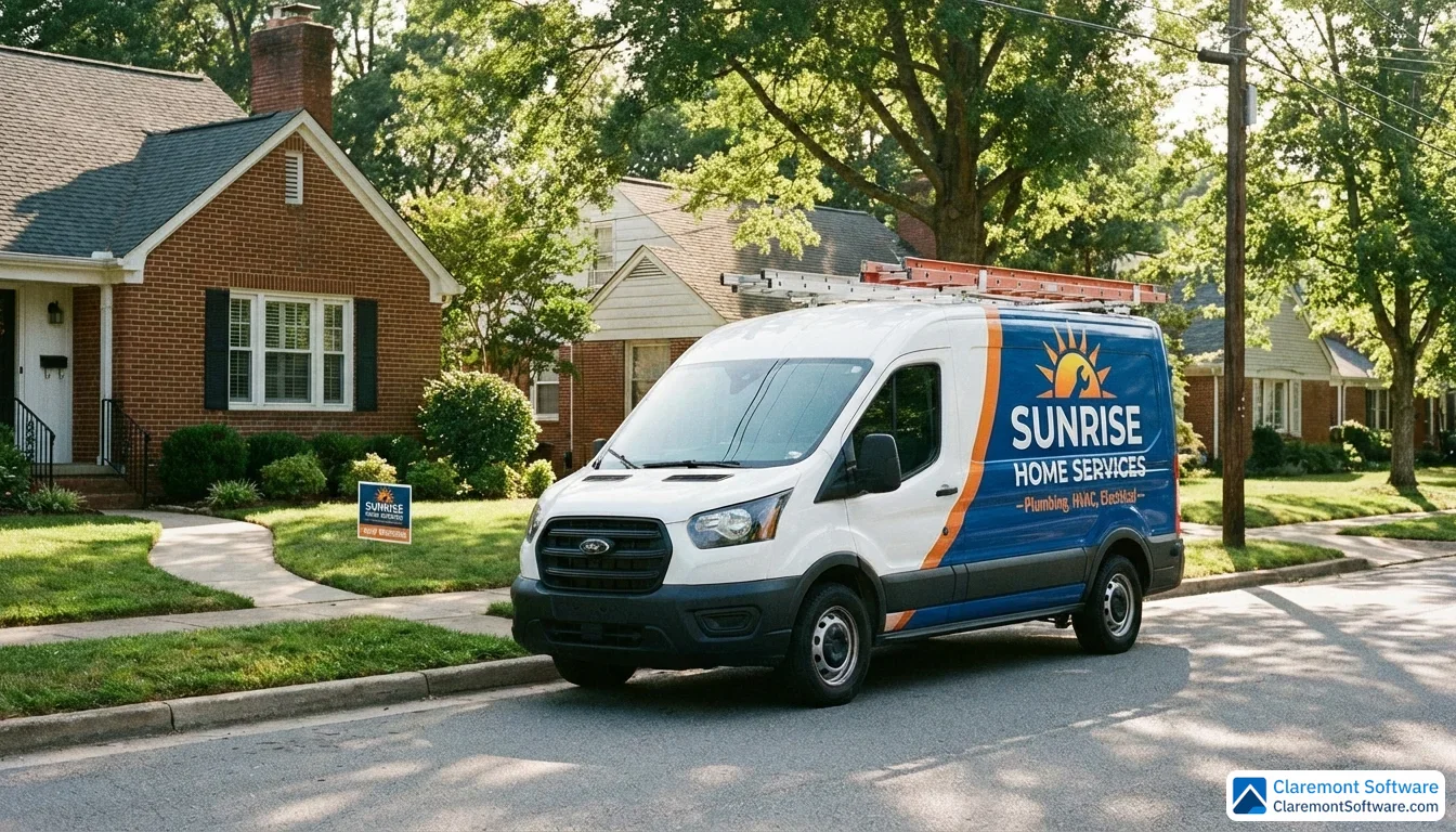 A white service van with a bold blue and orange vinyl wrap is parked in front of a brick suburban home on a sunny afternoon, with a small yard sign visible near the front walkway, photographed from across the street at a slight angle to show both the vehicle and neighborhood setting.