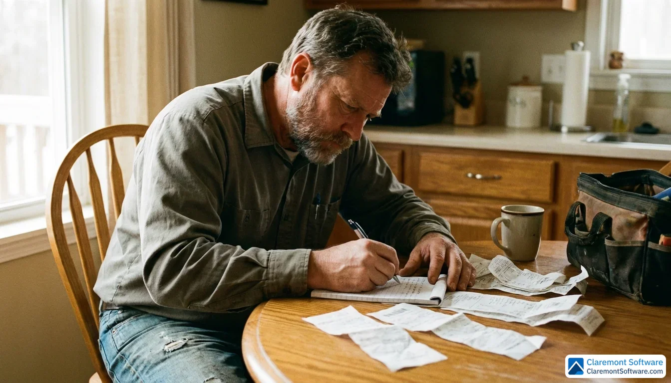 A plumbing business owner sits at a kitchen table reviewing receipts and writing notes on a notepad, with warm natural light streaming in from a nearby window. The side-angle shot captures a moment of focused financial planning and budgeting.