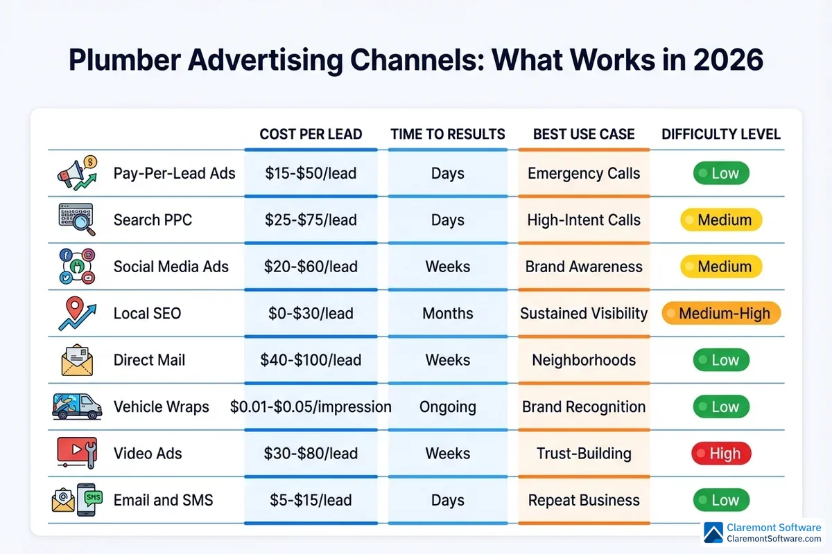 A side-by-side comparison chart evaluating major plumbing advertising channels—such as Google Ads, SEO, social media, and direct mail—across four metrics: cost per lead range, time to first results, best use case, and difficulty level, helping plumbers identify the most effective marketing channels for lead generation in 2026.