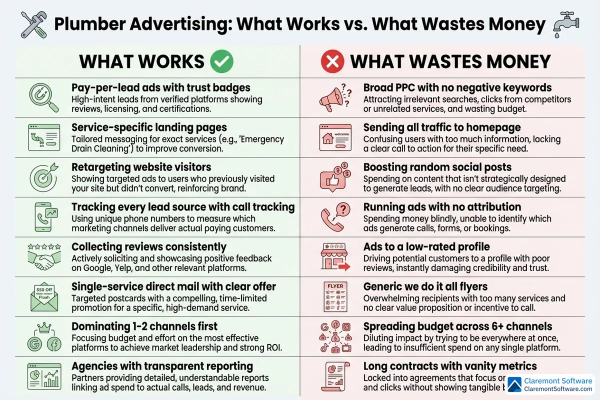A two-column pros-and-cons comparison infographic contrasting effective plumber advertising strategies with common money-wasting mistakes to avoid, helping plumbing businesses identify which marketing tactics deliver results and which drain their budgets.