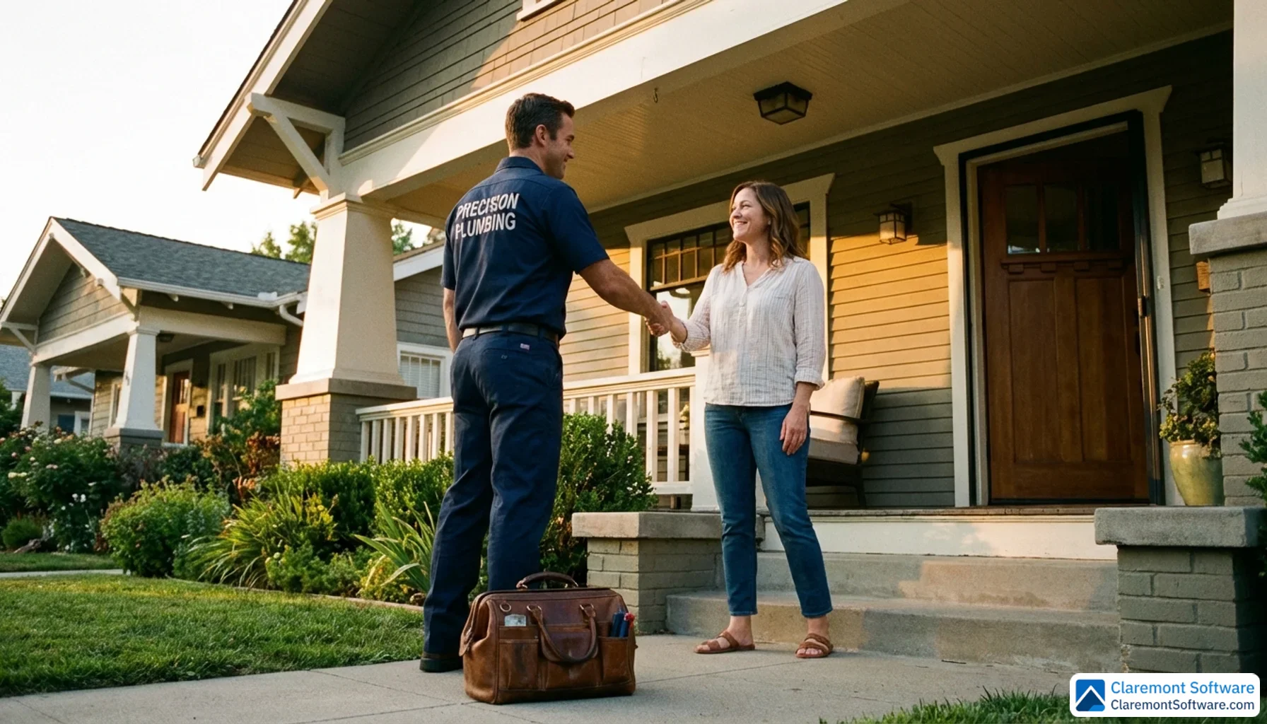 A confident plumber in a clean navy uniform shakes hands with a smiling homeowner at the front door of a suburban house, with a tool bag at his side and warm golden afternoon light illuminating the porch.