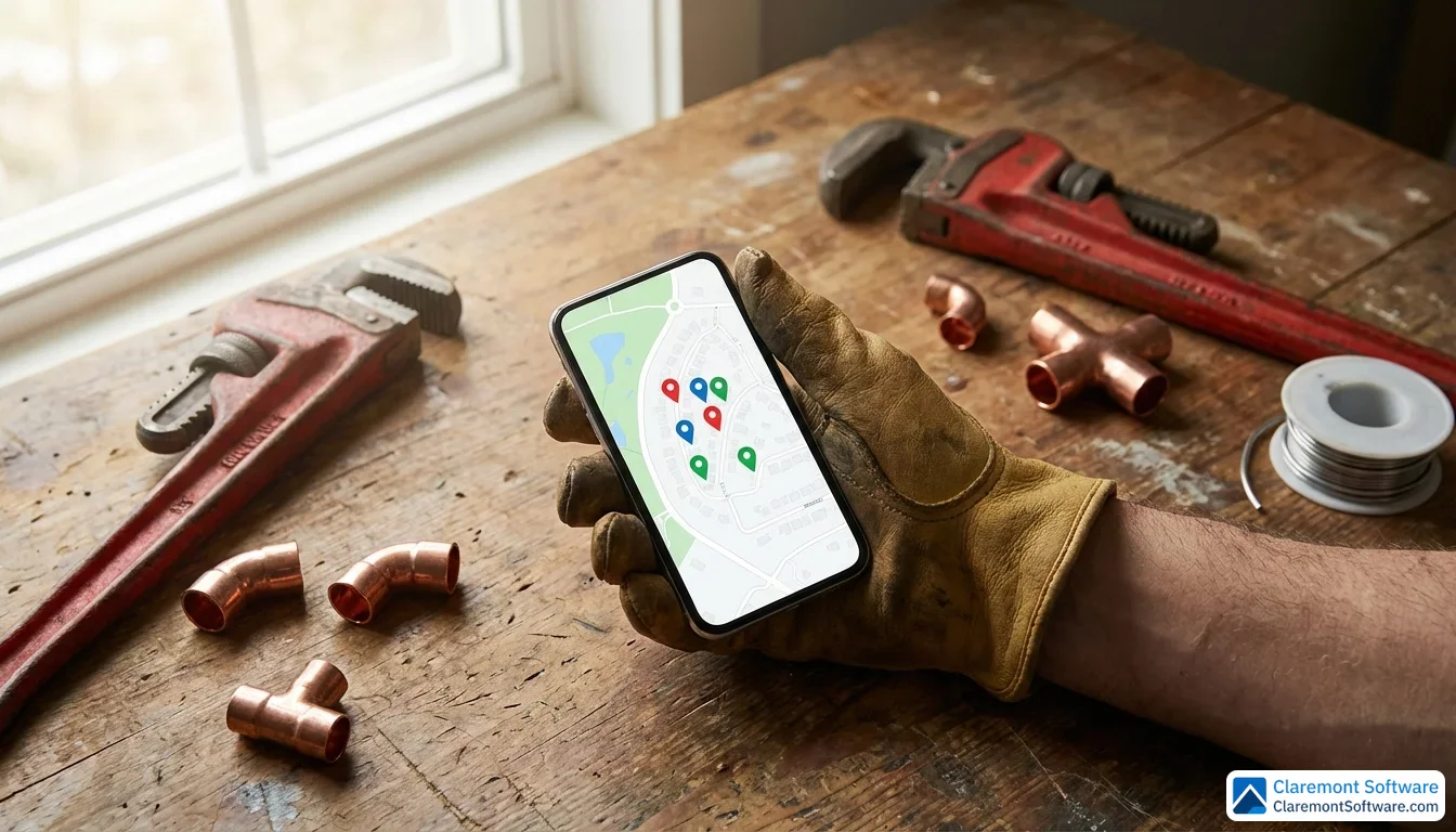 A hand holds a glowing smartphone above a wooden desk scattered with a pipe wrench and copper fittings, with the phone screen displaying a neighborhood map marked with colorful location pins representing local plumbing service areas.