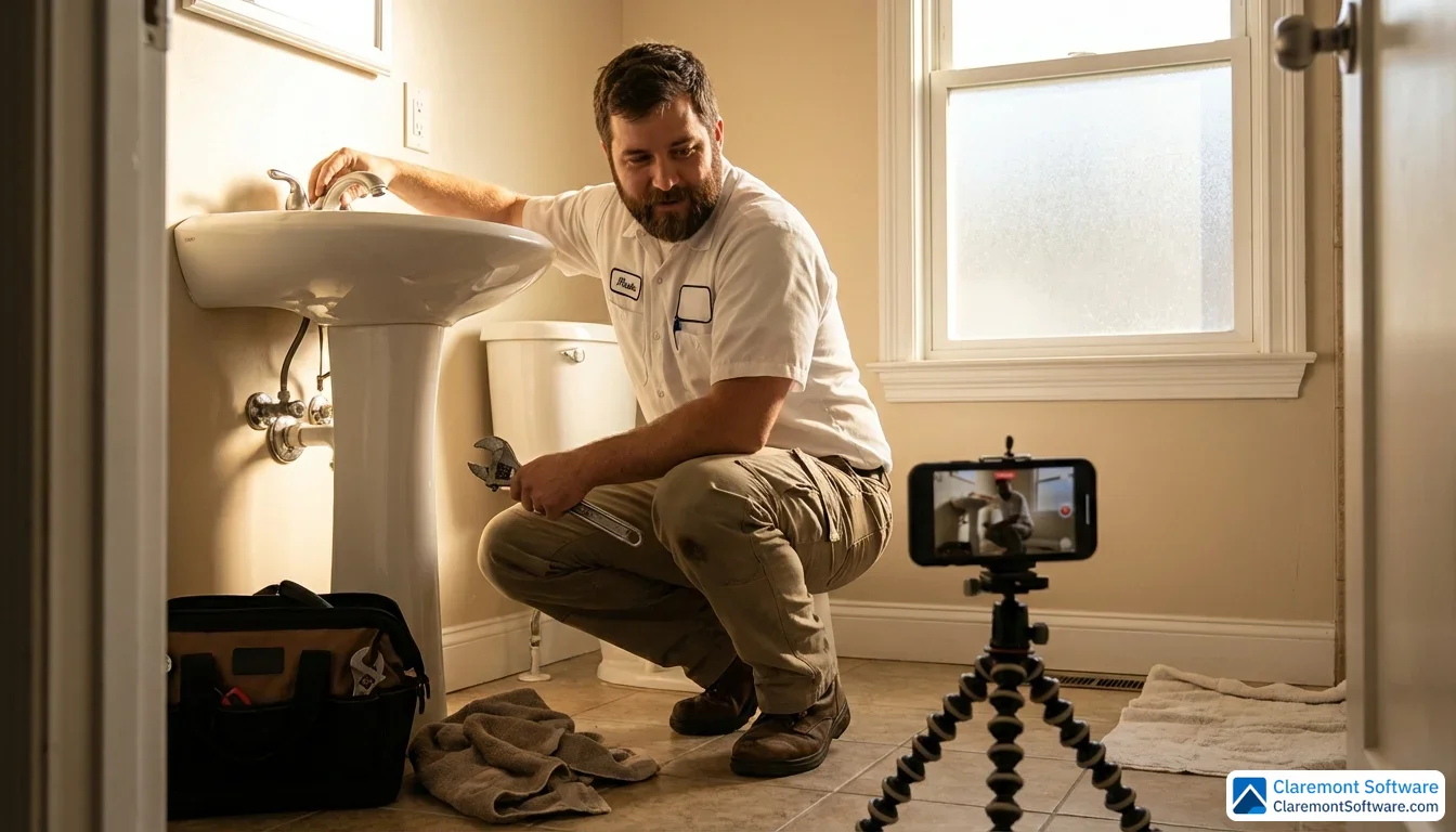 A plumber in a white uniform crouches beside a bathroom sink, working on a faucet while a smartphone on a small tripod records him, with warm morning light filtering through a frosted window creating a candid, behind-the-scenes atmosphere.