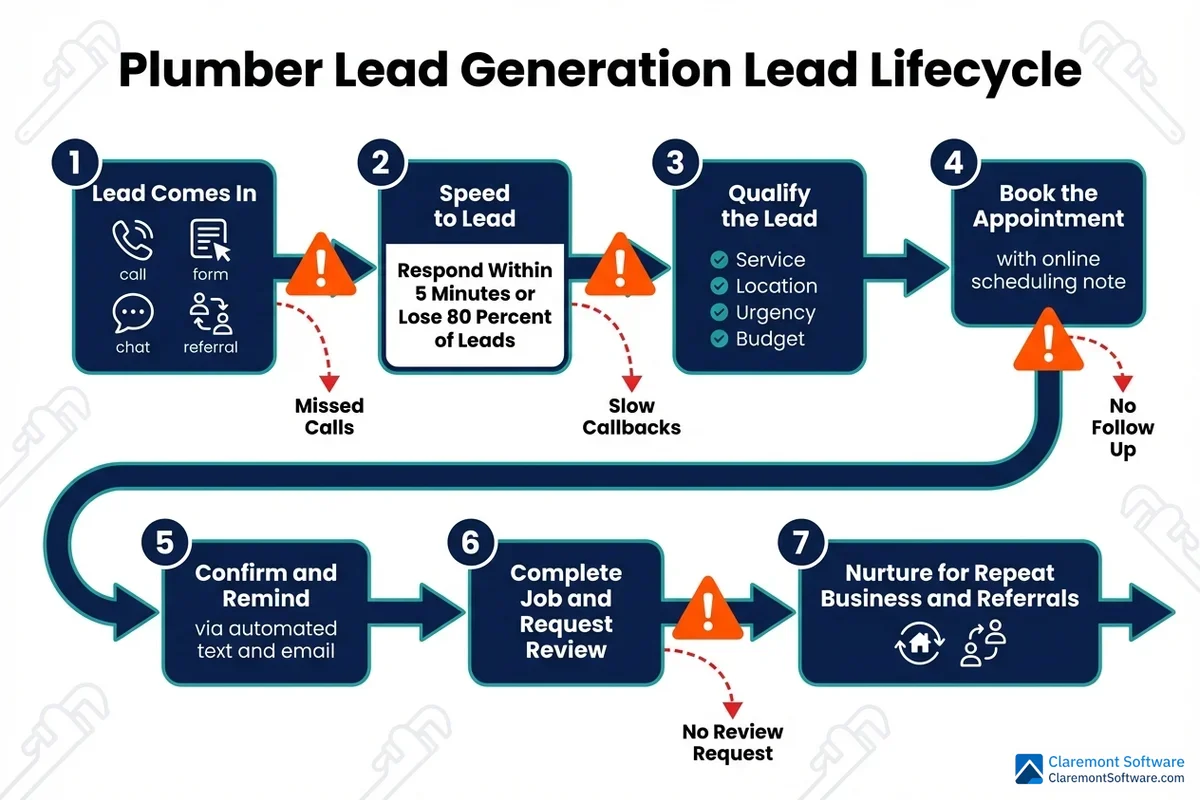 A flowchart illustrating the lead lifecycle from first contact through qualification, follow-up, estimate, and booked job stages, with red warning indicators at each transition point highlighting where common lead leakage occurs—such as missed calls, slow response times, and lack of follow-up—to help businesses measure ROI and reduce lost opportunities.