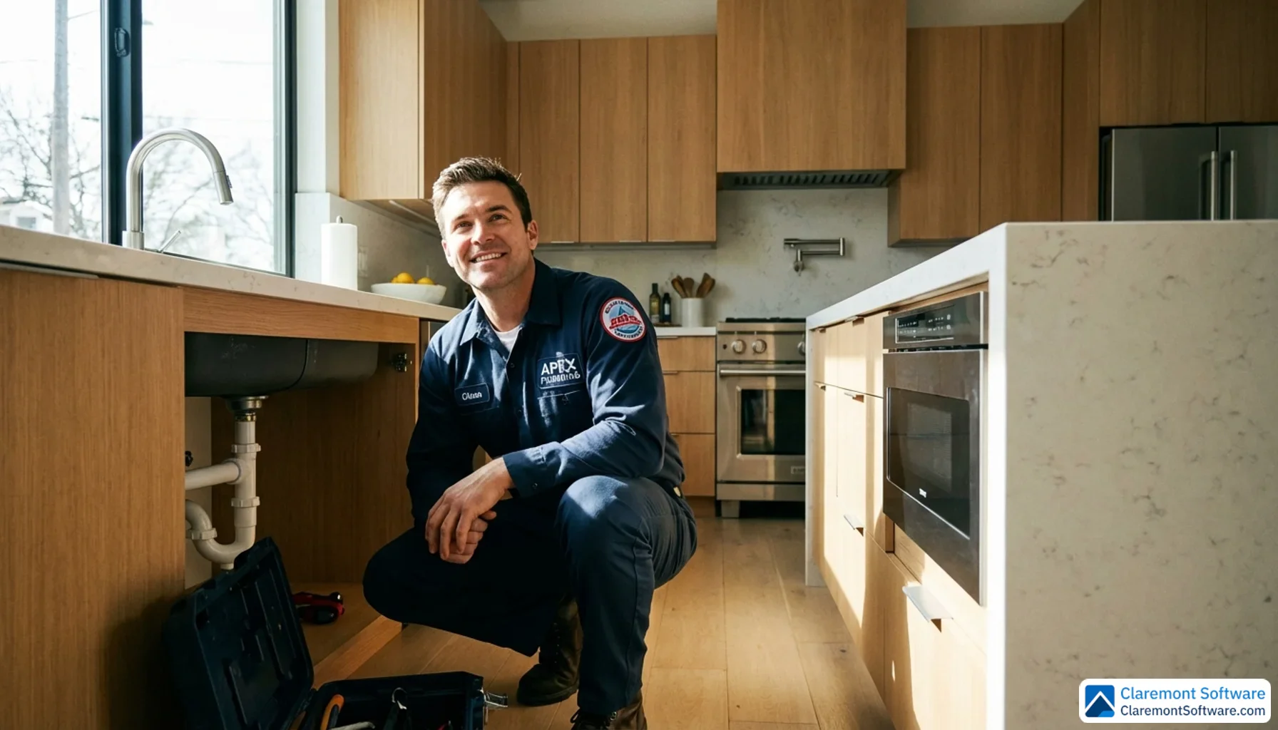 A confident male plumber in a clean navy branded uniform crouches beside a repaired under-sink pipe in a bright, modern kitchen, smiling up at the camera. Natural light streams in from the left, creating a professional and approachable atmosphere.