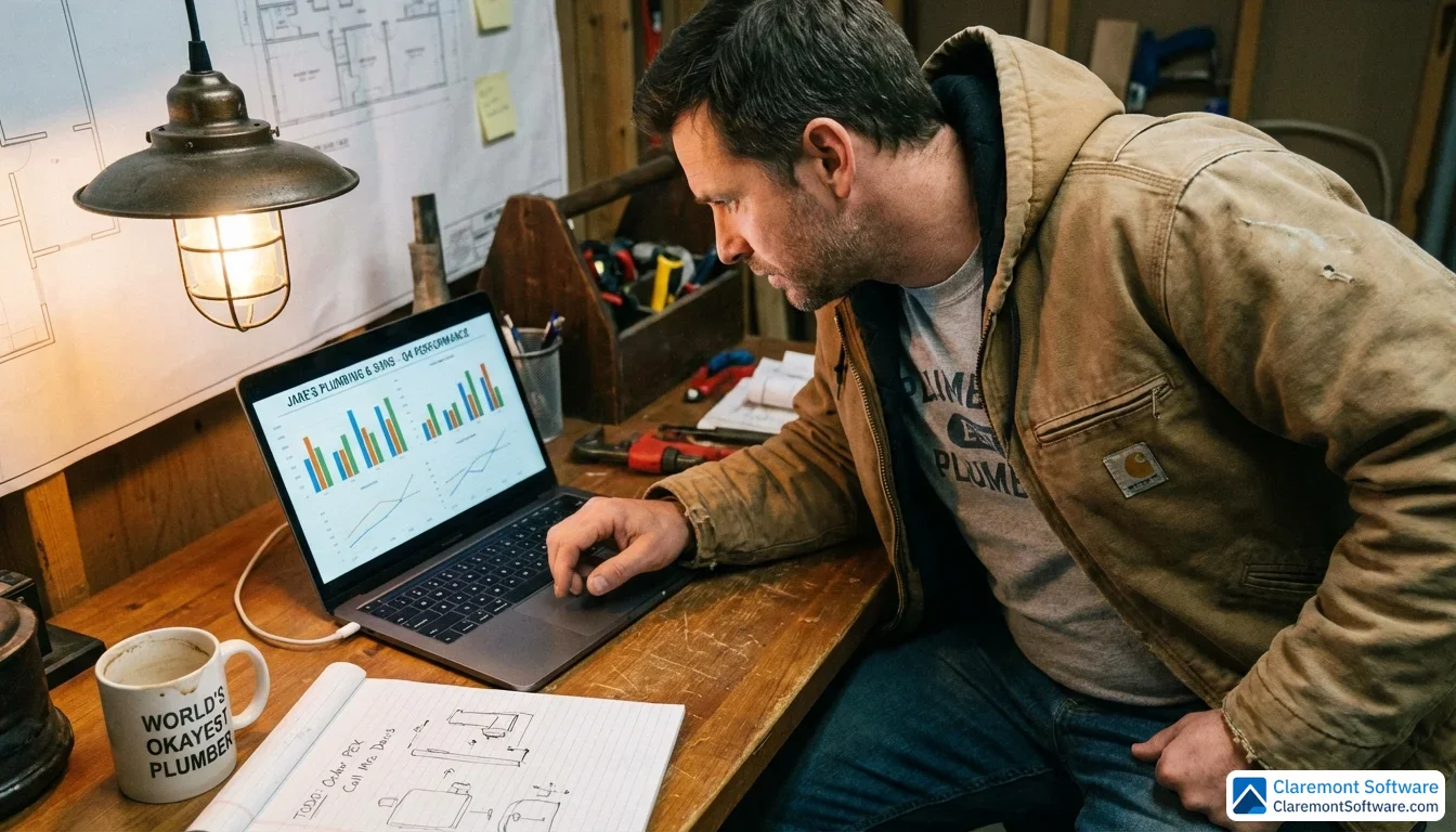 A plumbing business owner in casual work clothes leans over a desk, closely examining a laptop displaying colorful bar charts and line graphs, with a notepad and coffee cup nearby. The workspace is warmly lit by an overhead lamp, photographed from a slightly elevated angle looking down.