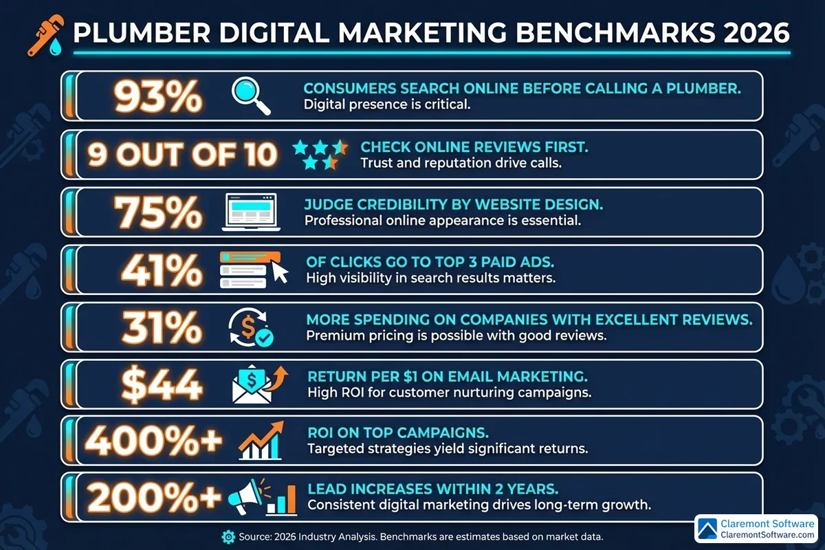 Alt text: Infographic presenting key digital marketing statistics and benchmarks for plumber businesses in 2026, featuring data points on ROI tracking and marketing performance metrics to help plumbing professionals measure campaign effectiveness.