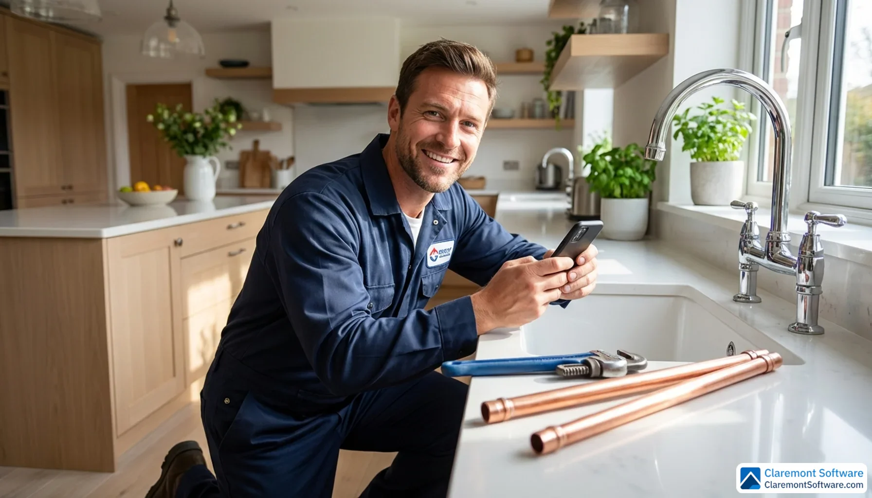 A confident male plumber in a clean navy uniform crouches beside a repaired under-sink pipe in a bright, modern kitchen, holding a smartphone with natural window light illuminating his face and the polished fixtures. The wide shot keeps the kitchen softly blurred in the background, drawing focus to the professional and his completed work.