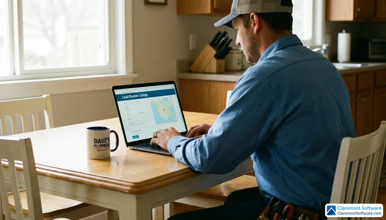 A plumber in a work shirt sits at a tidy kitchen table in soft afternoon light, focused on an open laptop displaying a business listing form, with a coffee mug beside him.