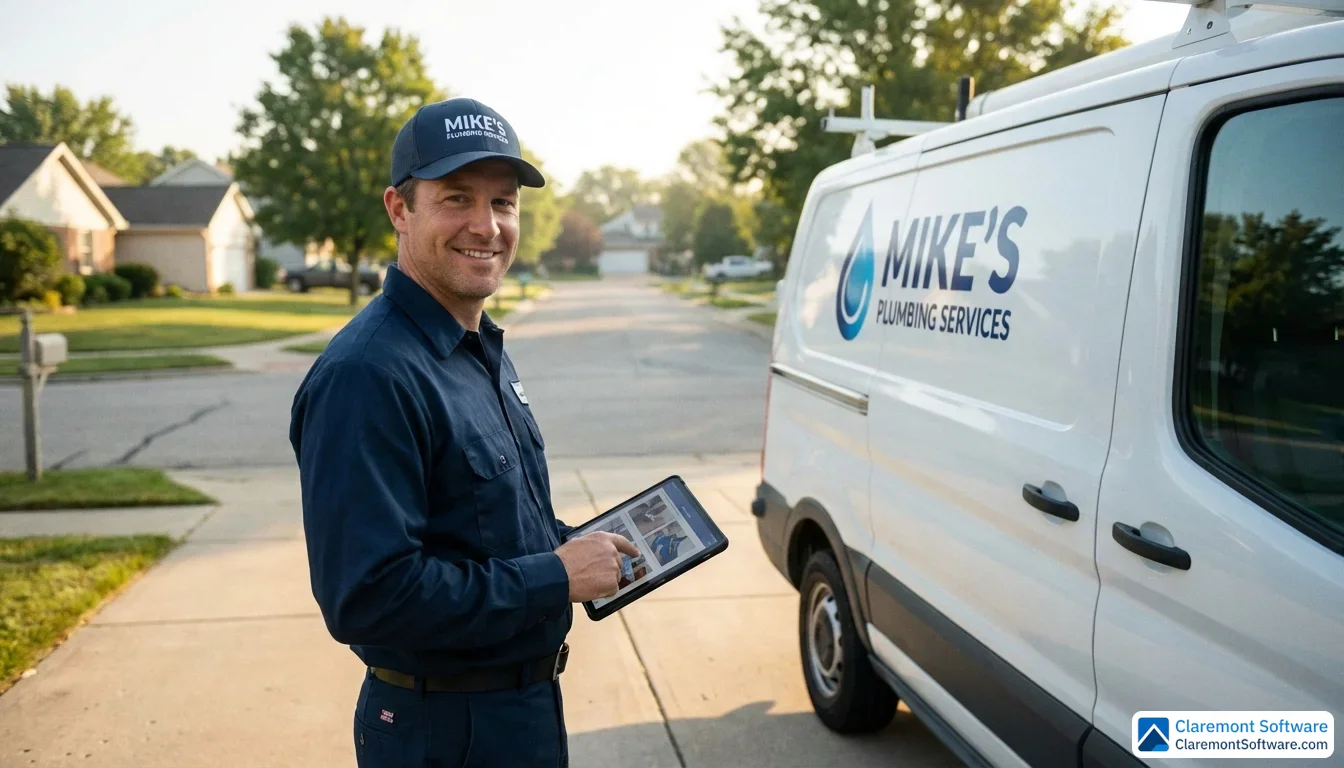 A uniformed plumber stands confidently beside a branded white work van parked in a sunny residential driveway, holding a tablet displaying job photos. The low-angle shot emphasizes a professional presence with a softly blurred suburban street stretching into the background.