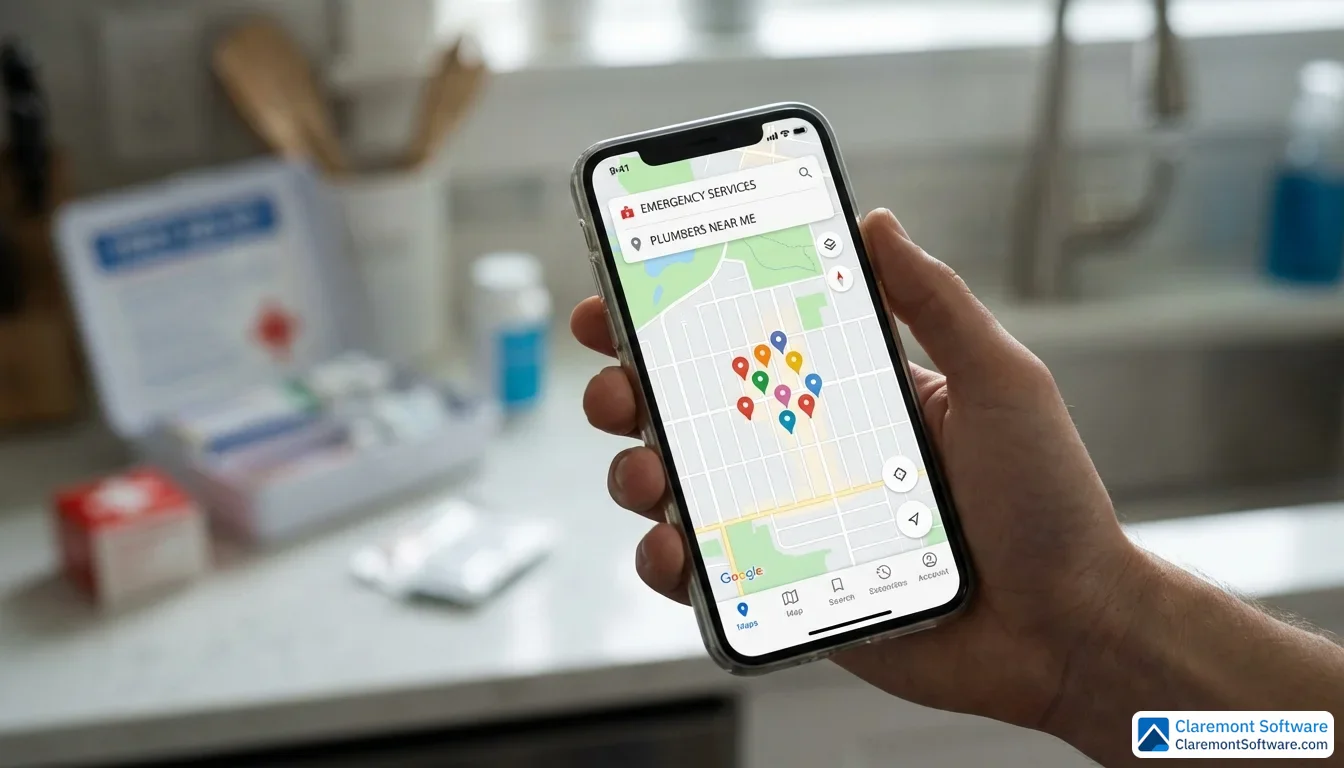 A hand holds a smartphone displaying a maps app with colorful location pins clustered across a neighborhood grid, with a softly blurred kitchen visible in the background suggesting an urgent home situation.