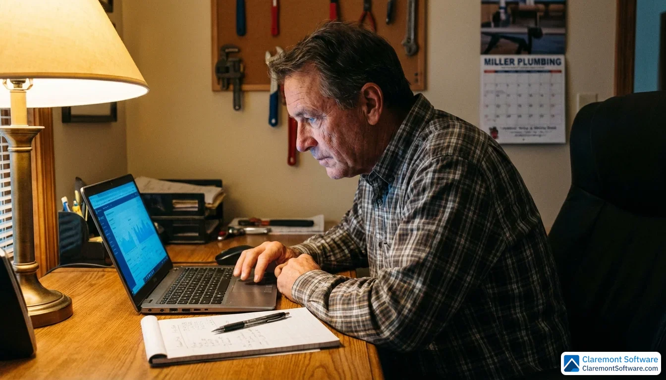 A plumbing business owner in a casual button-down shirt sits at a home office desk, reviewing analytics on a laptop with a notepad of handwritten figures nearby, his face softly illuminated by both a warm desk lamp and the glow of the screen.