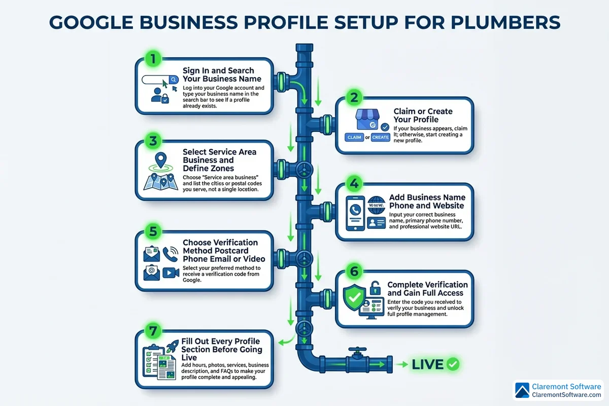 A step-by-step flowchart illustrating the Google Business Profile setup and verification process for plumbing businesses, guiding owners through each stage from creating their profile to completing verification and optimizing their listing for local search visibility.