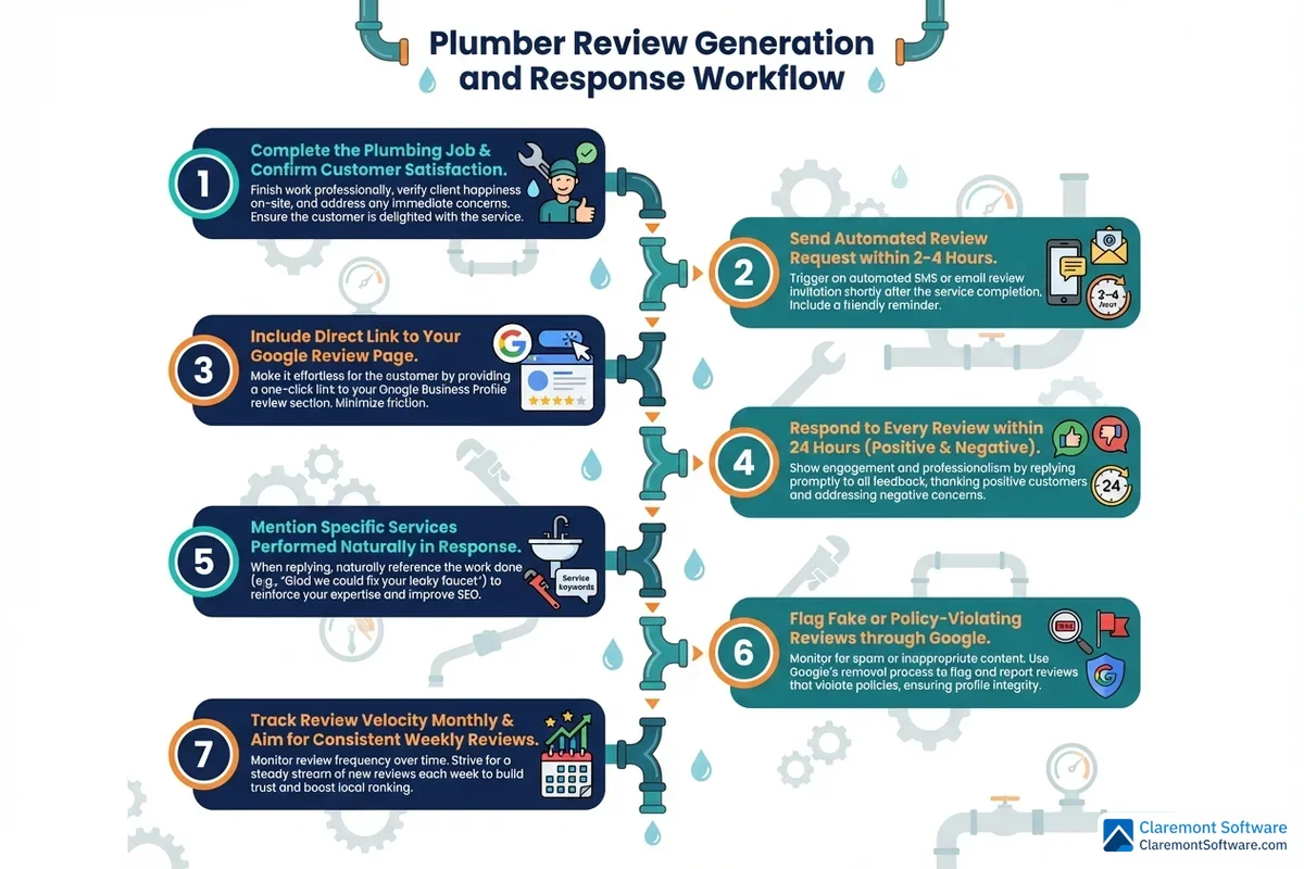 Alt text: A step-by-step process infographic illustrating a plumber's workflow for generating customer reviews and crafting professional responses, outlining stages from service completion through follow-up requests, review collection, and strategic response management.
