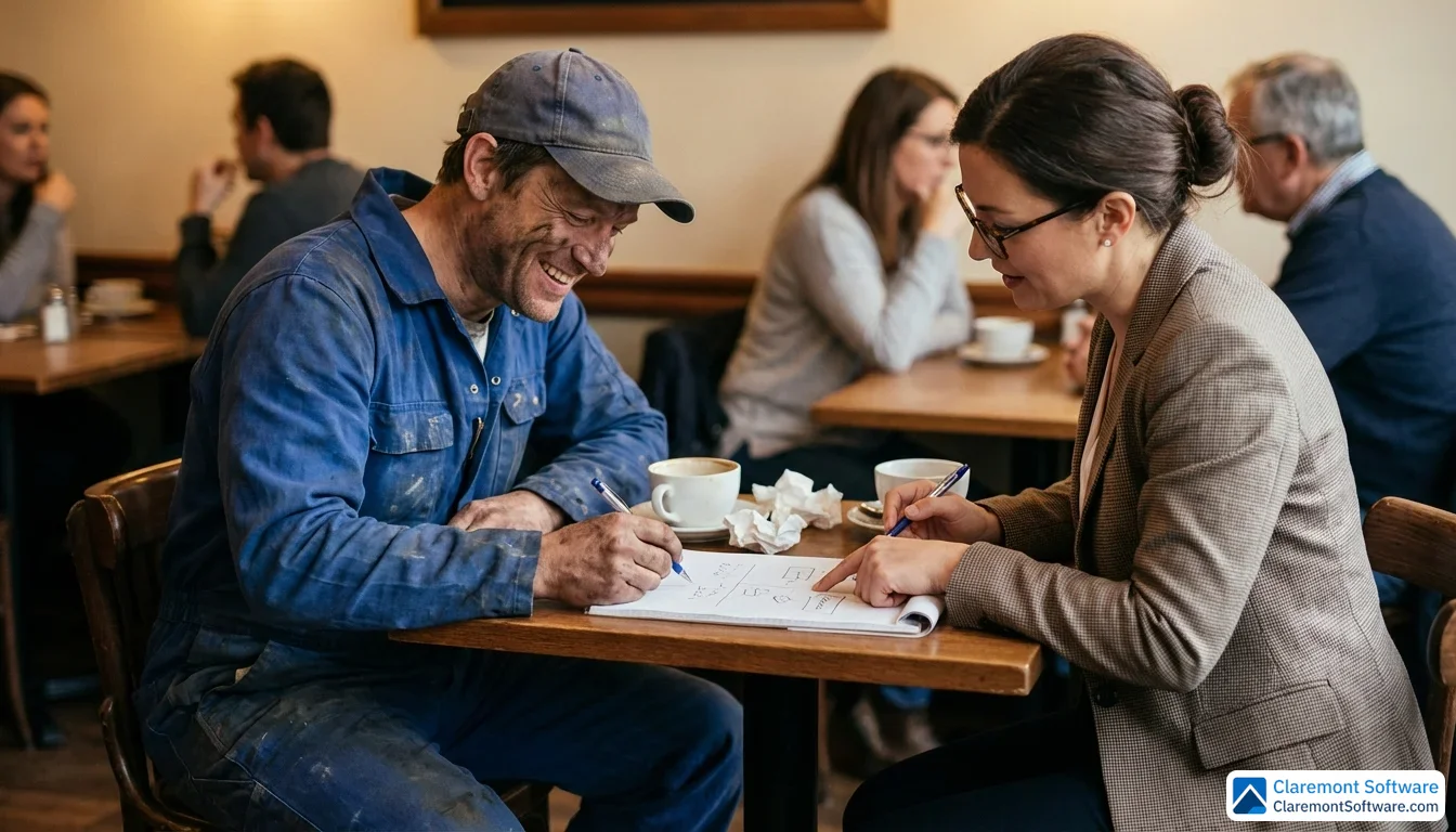 A plumber in work clothes and a smartly dressed consultant sit across from each other at a café table, both leaning in attentively over a notepad in warm, softly lit surroundings. The plumber's expression conveys relief and confidence, captured in a candid, documentary-style photo with a shallow depth of field.
