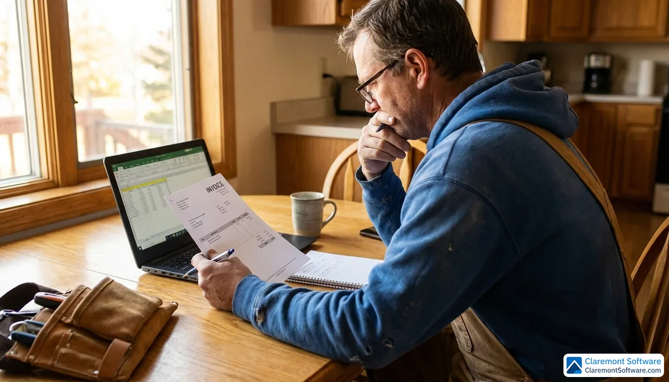 A plumber wearing reading glasses sits at a kitchen table, carefully comparing a printed invoice to handwritten notes with a thoughtful expression, while a laptop sits open nearby in soft natural daylight streaming from a window.
