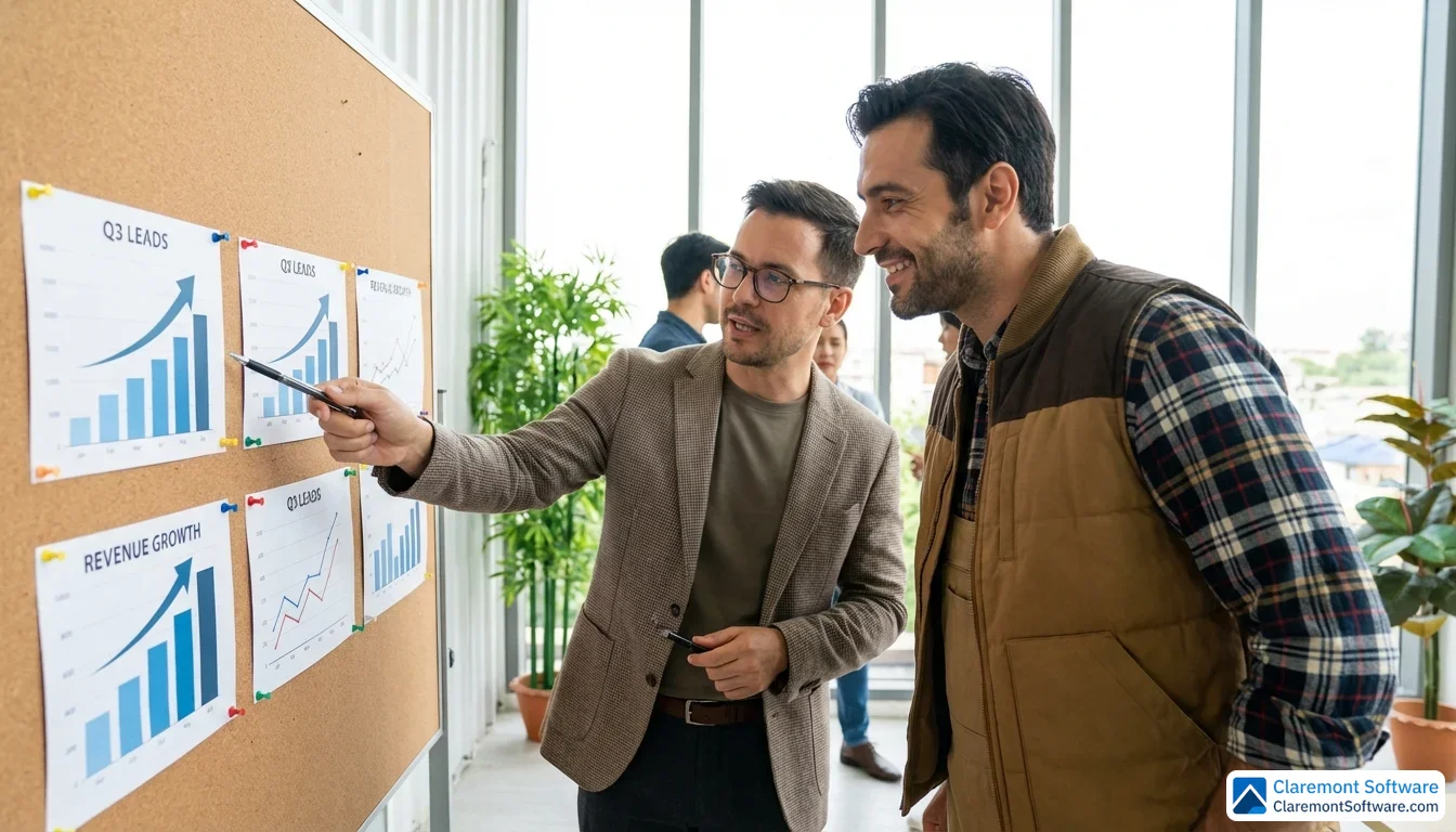 A marketing professional and plumbing business owner stand together reviewing printed graphs and charts with upward trends pinned to a corkboard, engaged in an animated discussion. The bright office setting captures a candid mid-shot of both individuals actively analyzing campaign performance data.