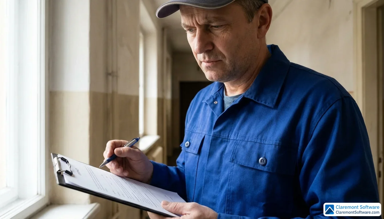 A plumber in work clothes stands in a hallway examining a contract with a skeptical expression, brow furrowed and pen poised but hesitant, as soft natural light from a nearby window highlights their cautious scrutiny.
