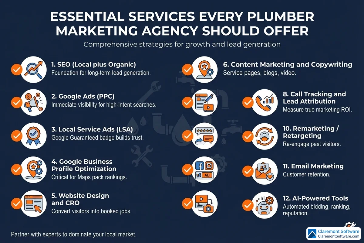 A checklist-style infographic titled "Key Services Every Plumber Marketing Agency Should Offer," listing essential marketing services that plumbing businesses should look for when evaluating a marketing agency partner.