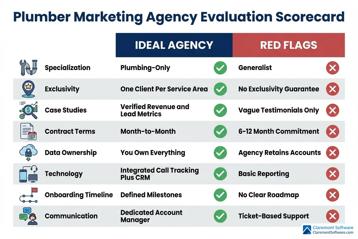 A comparison scorecard outlining key criteria for evaluating plumber marketing agencies, with categories such as industry experience, lead generation results, transparency, pricing, and client reviews to help plumbing businesses make informed hiring decisions.