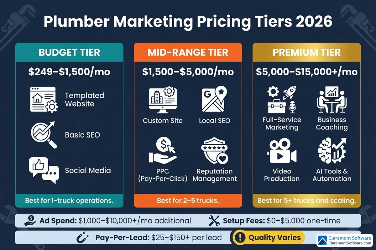 Alt text: Comparison infographic displaying 2026 plumber marketing agency pricing tiers side by side, breaking down costs, included services, and value differences across budget levels from basic to premium packages.