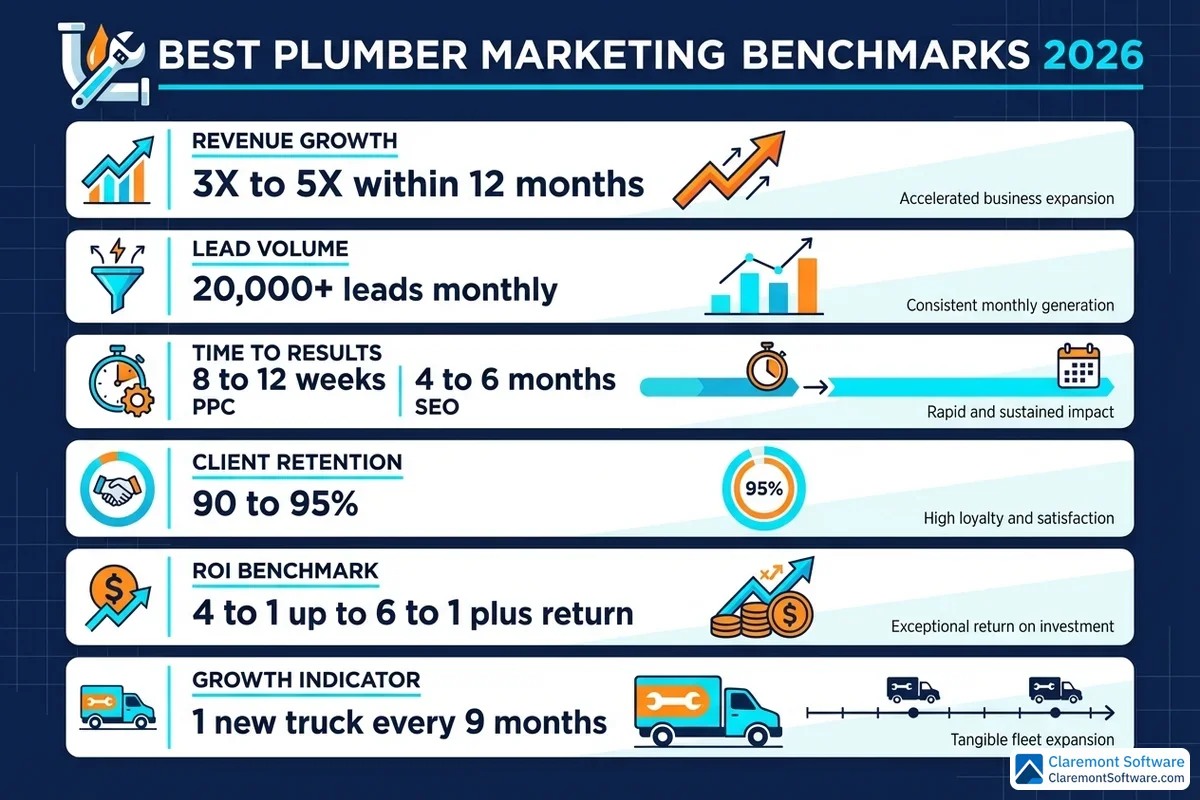 Alt text: Infographic displaying 2026 plumber marketing performance benchmarks from top agencies, featuring key statistics and metrics for top-performing campaigns including conversion rates, cost per lead, return on ad spend, and other industry-specific digital marketing benchmarks.