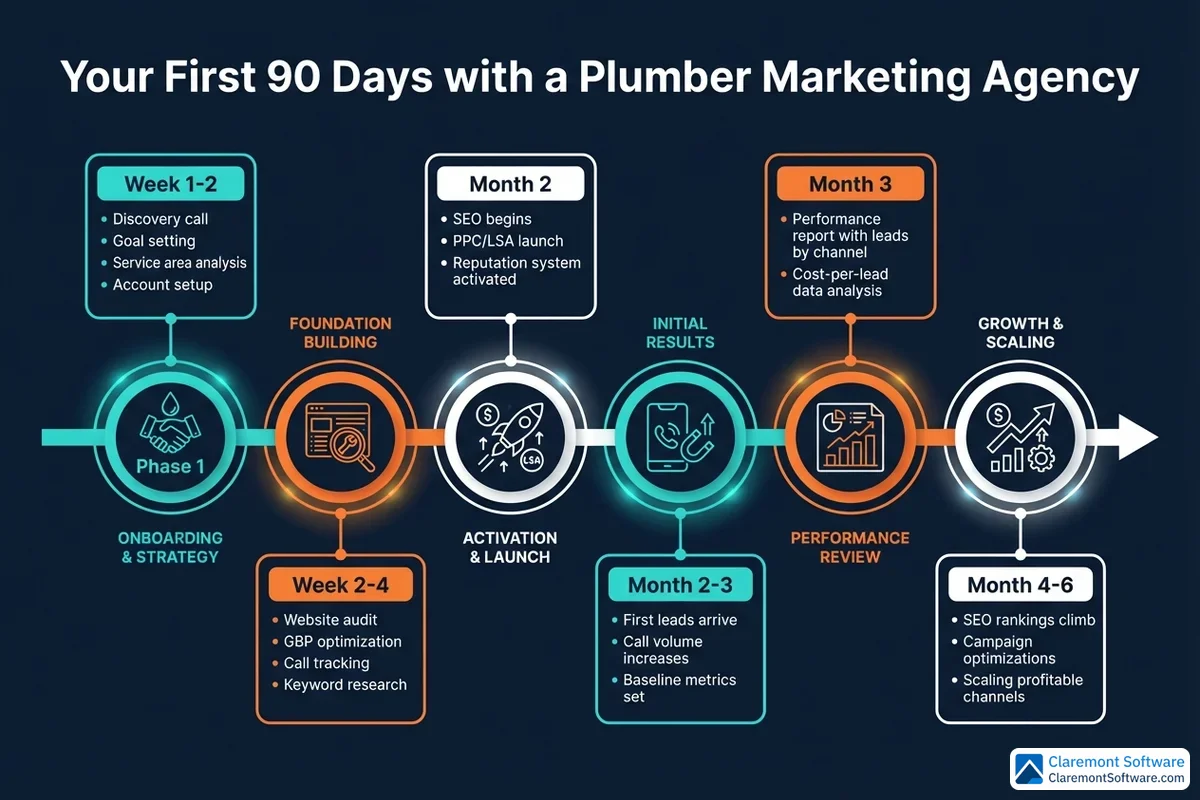 A horizontal timeline infographic outlining key milestones and expectations during a plumber's first 90 days partnering with a marketing agency, broken into phases covering onboarding, strategy development, campaign launch, and early performance results.