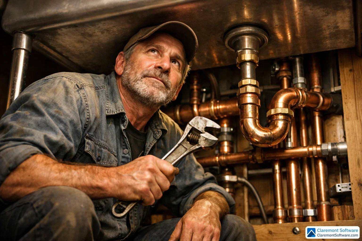 A seasoned plumber crouches beneath a large commercial sink, gripping a wrench as copper pipes gleam under warm overhead light. Photographed from a low angle, the open wall cavity behind reveals a neatly organized network of pipes, conveying quiet expertise and craftsmanship.
