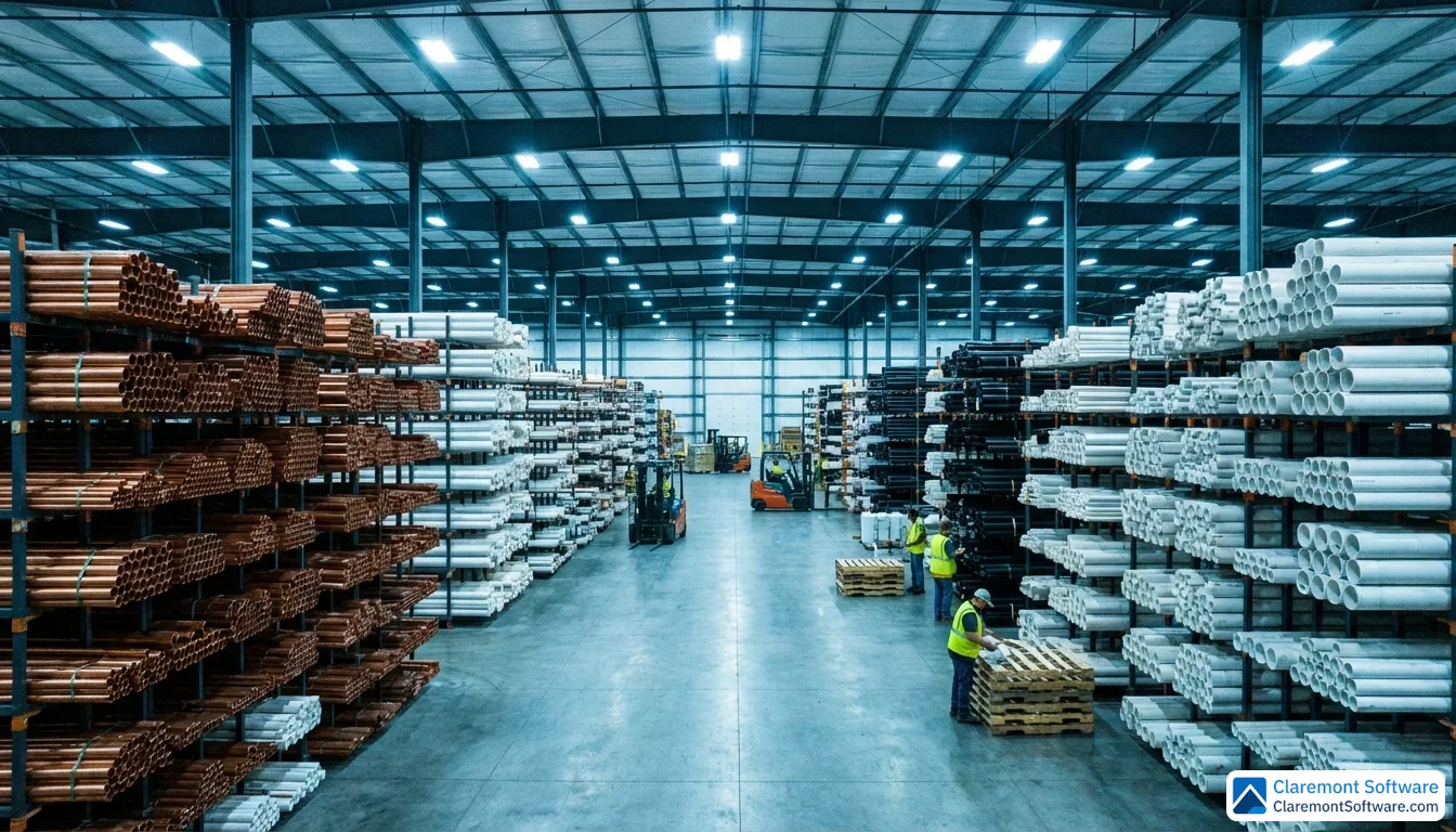 A vast commercial plumbing supply warehouse with rows of copper and PVC pipes stacked floor to ceiling under cool blue-white industrial lighting, with workers in high-visibility vests and forklifts moving inventory through the organized, expansive space.