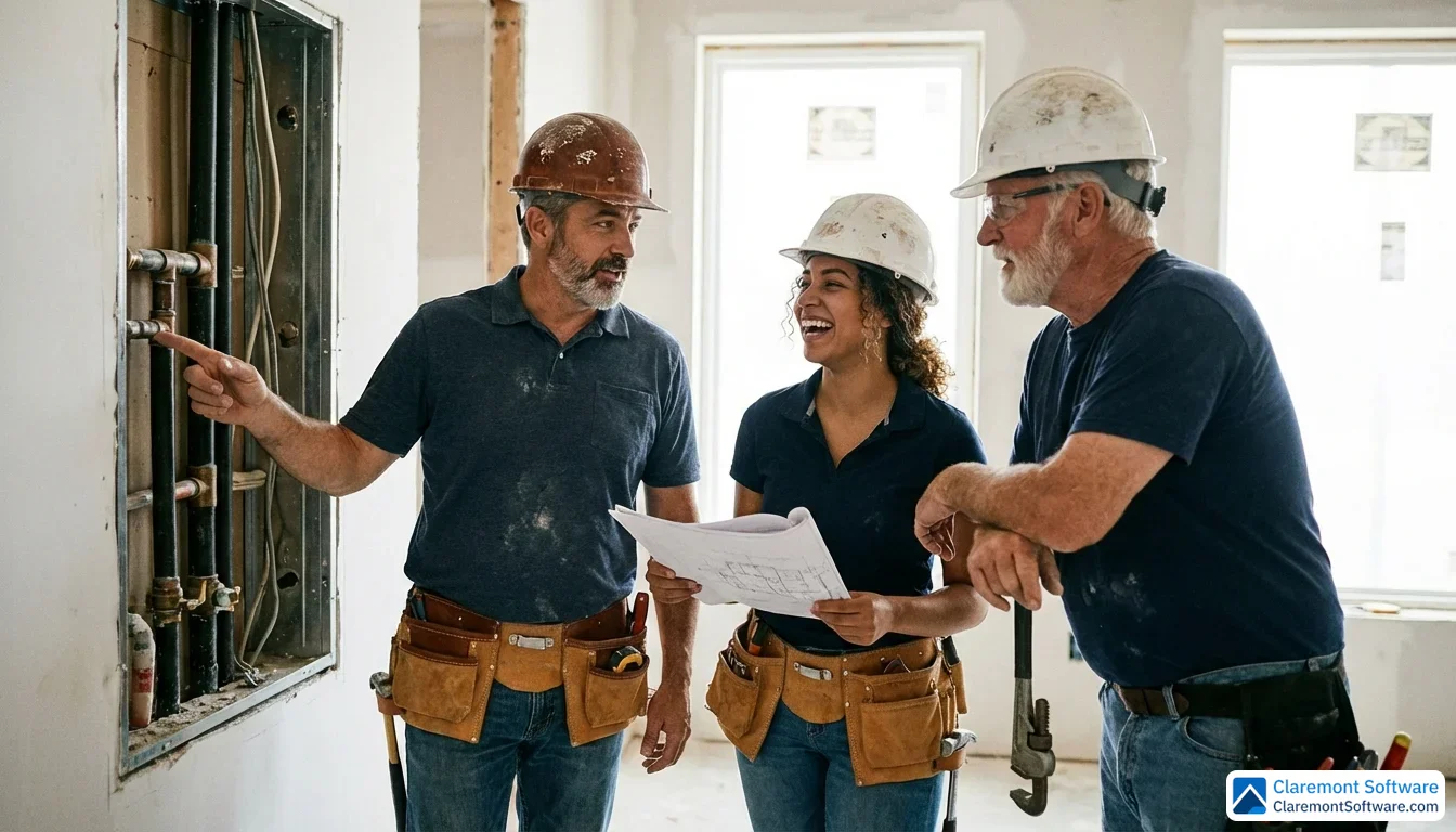 A middle-aged male plumber, a young female plumber, and an older tradesperson wearing hard hats and tool belts huddle together around an open wall panel on a commercial construction site, discussing a pipe layout in natural daylight streaming through unfinished windows.