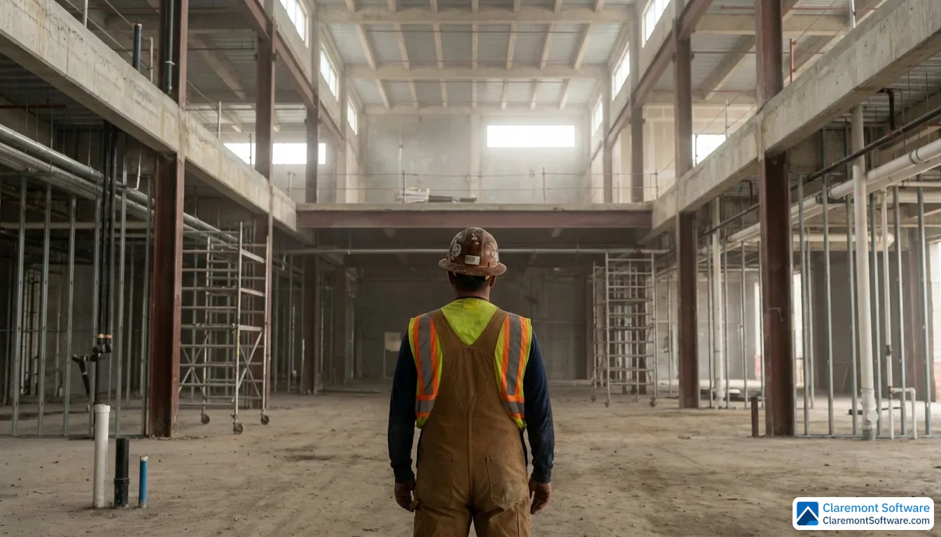 A lone plumber in work gear stands with their back to the camera inside a vast, unfinished building interior, surrounded by incomplete pipe runs and empty scaffolding that stretches far into the distance, emphasizing the overwhelming scale of work left for a single person to complete.