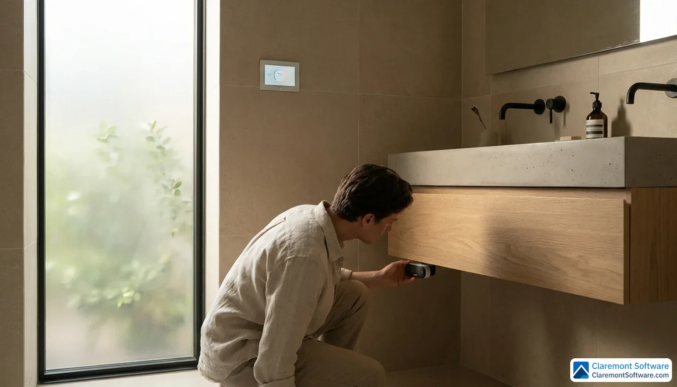 A homeowner crouches to inspect a small smart sensor clipped beneath a bathroom sink cabinet, with a sleek wall-mounted thermostat panel visible nearby. The modern bathroom features matte fixtures and neutral tile bathed in soft, diffused morning light from a frosted window.