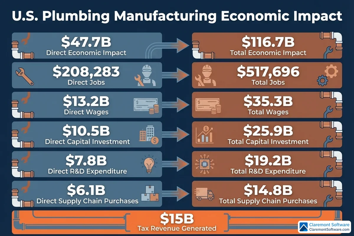 An infographic summarizing the total economic impact of U.S. plumbing manufacturing, highlighting key metrics such as jobs supported, wages generated, and overall contribution to the national economy.