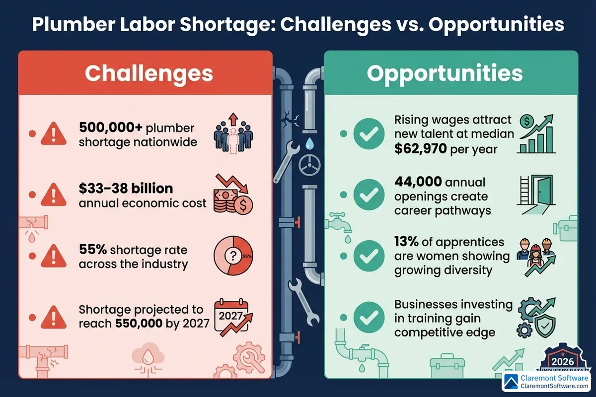 A pros-and-cons infographic examining the plumber labor shortage crisis, contrasting challenges such as longer wait times, rising costs, and workforce aging against opportunities including higher wages for plumbers, increased apprenticeship programs, and growing demand driving career interest in the trades.
