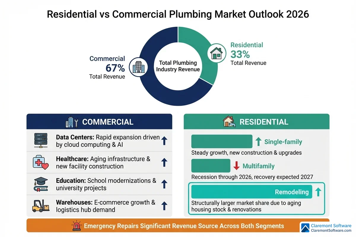 Comparison infographic illustrating the projected differences between residential and commercial plumbing markets for 2026, highlighting key metrics such as market size, growth trends, and sector-specific outlooks side by side.