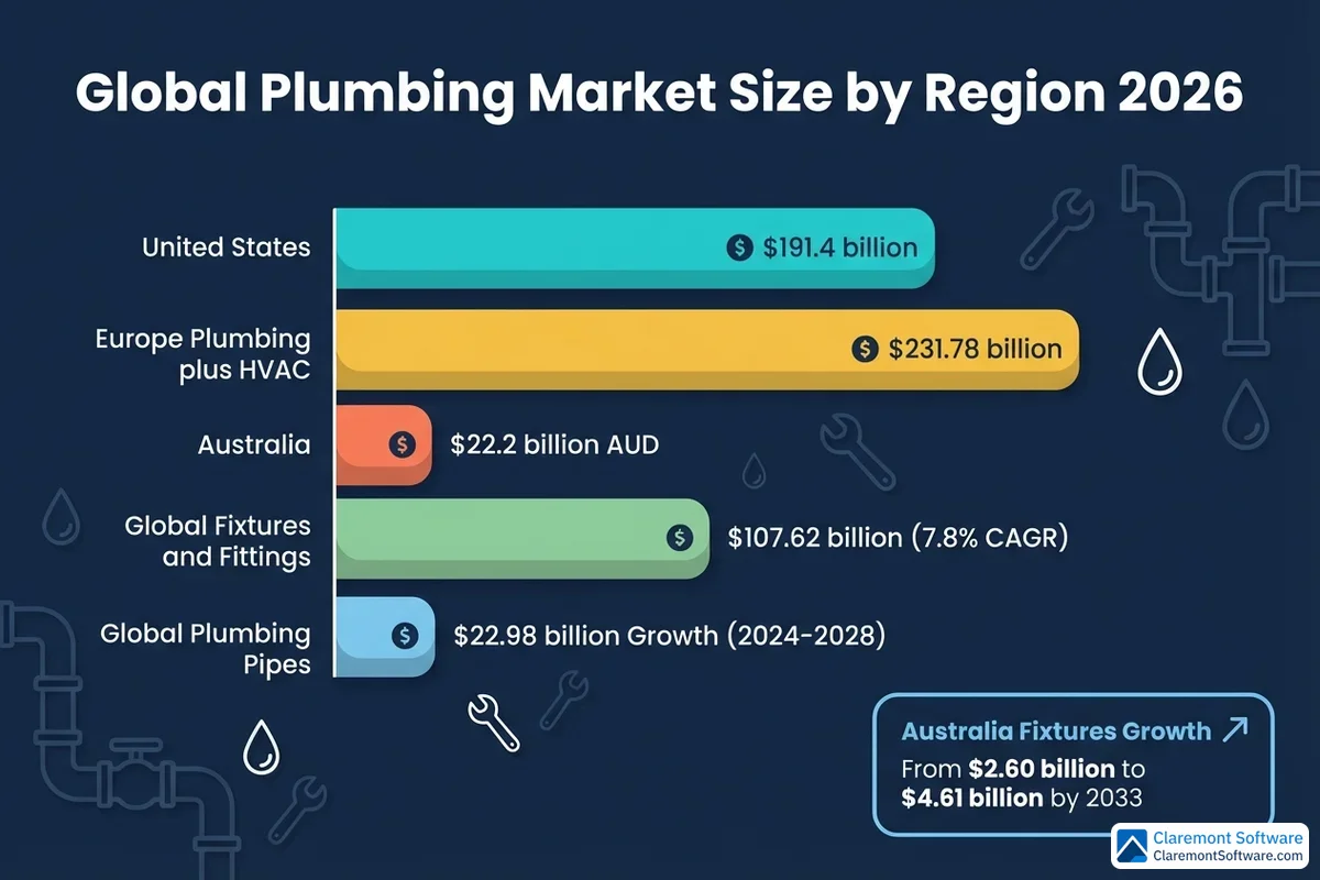 Bar chart comparing global plumbing market size by region, showing North America and Europe as the largest markets, followed by Asia-Pacific, with smaller shares for Latin America, the Middle East, and Africa. The comparison highlights significant regional disparities in plumbing industry valuation and growth potential.