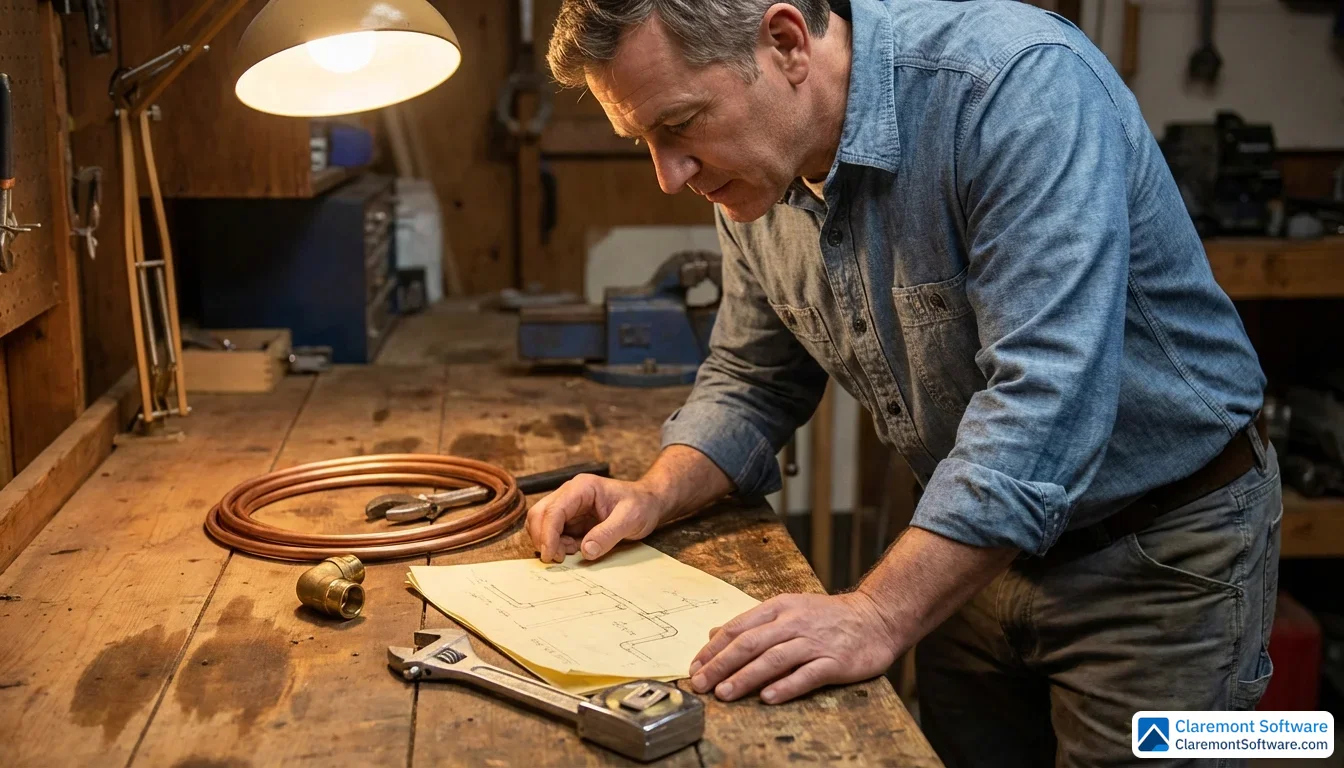 A plumber in a clean collared work shirt leans over a wooden workbench, carefully studying a hand-drawn pipe layout diagram under warm overhead workshop lighting, with pipe fittings and a measuring tape resting nearby.