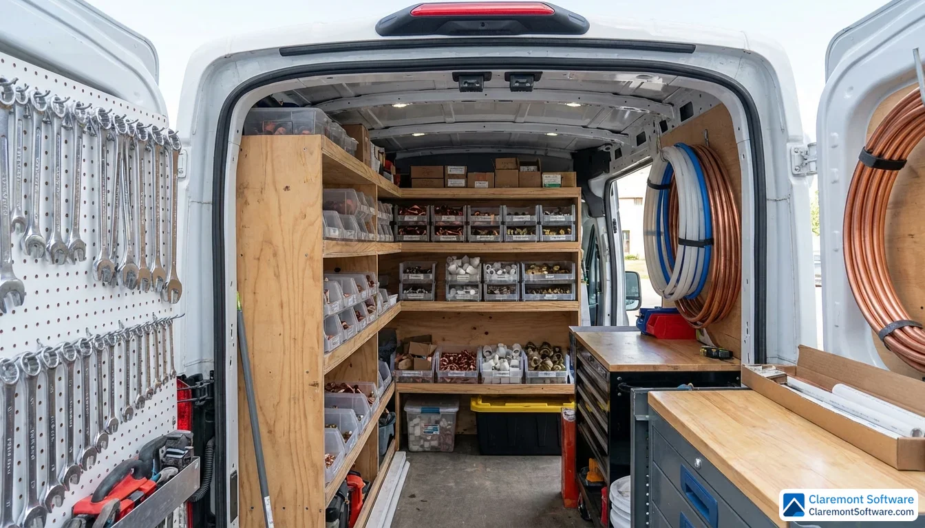 A well-organized plumber's service van interior viewed from the open rear cargo bay, featuring pegboard-mounted wrenches, shelves stocked with sorted pipe fittings, and coiled tubing secured with straps under even midday lighting.