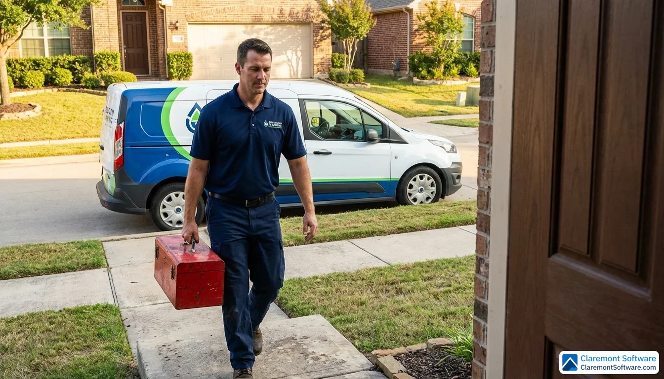 A uniformed plumber carrying a metal toolbox walks up a concrete path toward a suburban front door, with a professionally wrapped white service van parked at the curb behind him in bright afternoon sunlight.