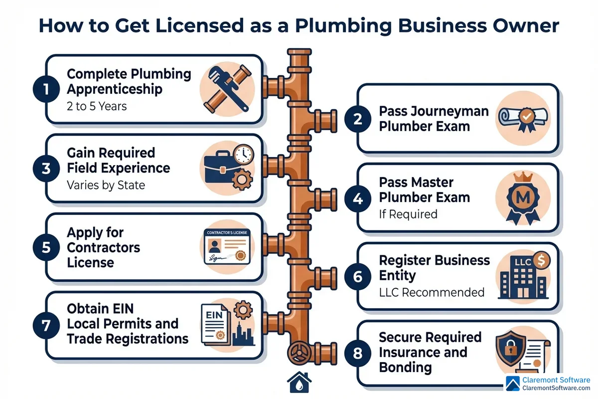 A step-by-step process infographic illustrating the licensing pathway for plumbers, progressing through stages from apprentice to journeyman to master plumber to plumbing business owner, highlighting required certifications, exams, and legal requirements at each stage. The flowchart-style layout uses sequential steps connected by directional arrows to guide readers through the complete career and licensing progression.