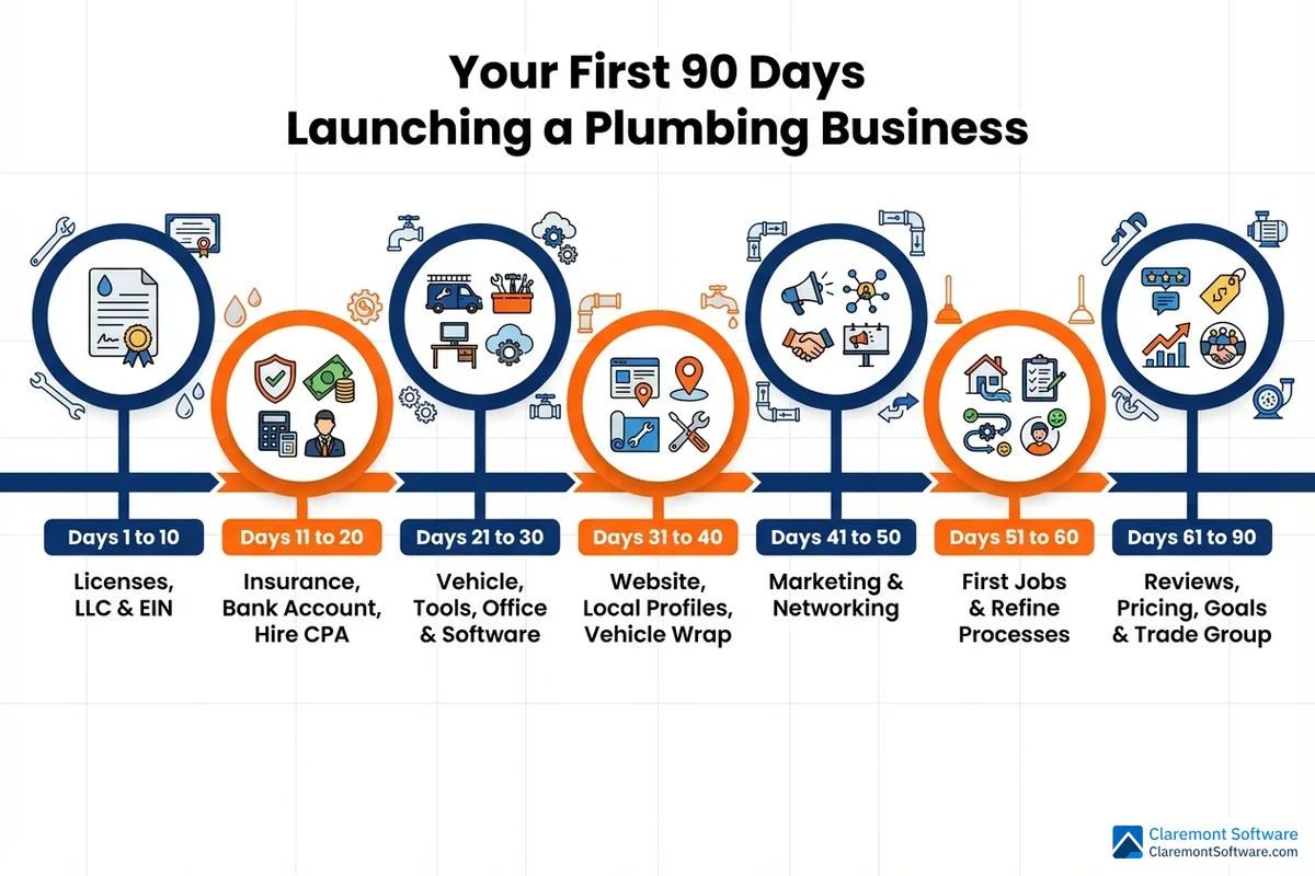A horizontal timeline infographic outlining a 90-day action plan for launching a new plumbing business, divided into key milestone phases with specific tasks and goals for each period to guide new business owners from startup through early operations.
